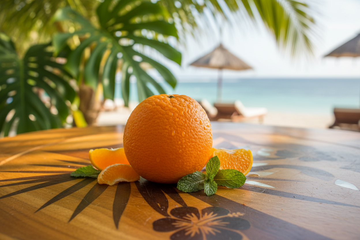 Orange on tropical table