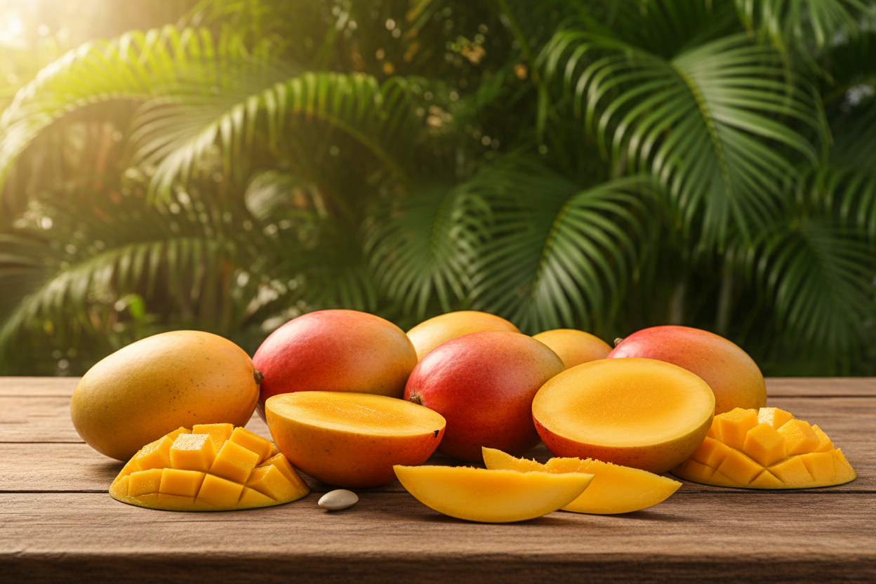 put an array of managos on a tropical table 